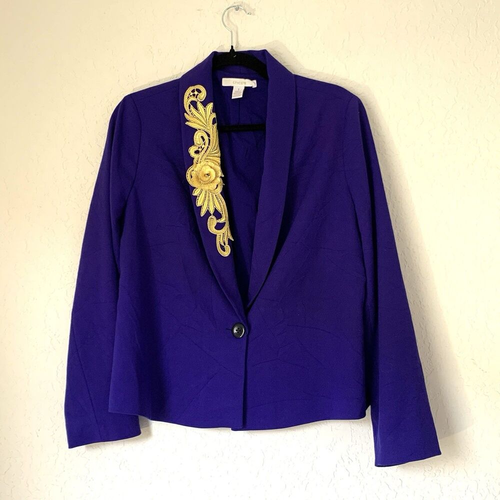 Chicos Blazer Jacket Womens M Blue Indigo Gold One-Button Glam Office Work Sz‎ 1